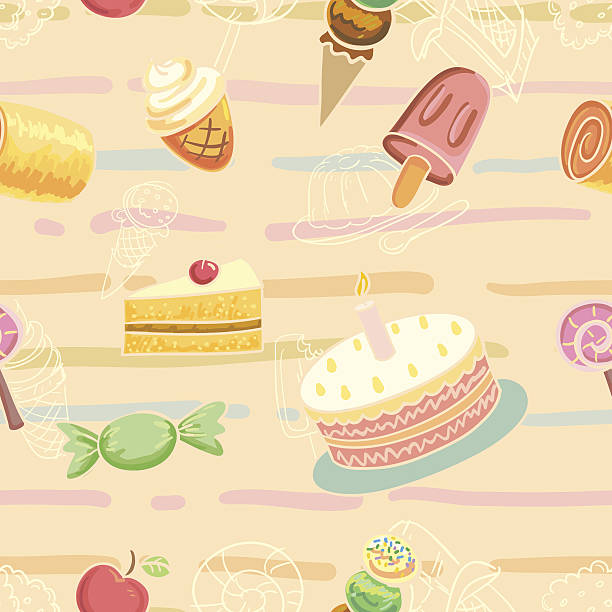 ilustraciones, imágenes clip art, dibujos animados e iconos de stock de fondo sin costuras de dulces - portion apple food pattern