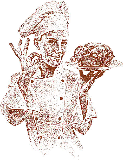 ilustrações, clipart, desenhos animados e ícones de chef balançando um bastão ok - women meat working tray