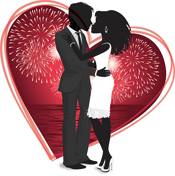 Silhouette Valentine Couple With Fireworks Stock Illustration - Download  Image Now - Adult, Black Color, Cartoon - iStock