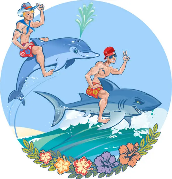 Vector illustration of The race between the dolphin and shark