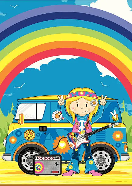 Vector illustration of Hippie Girl & Camper Van Scene