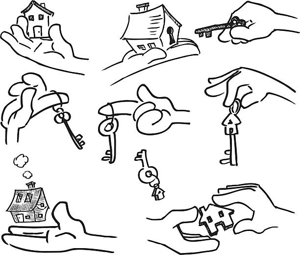 illustrations, cliparts, dessins animés et icônes de mains avec maison et clés - human hand key giving carrying