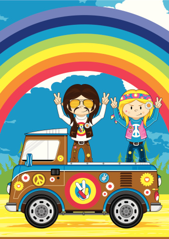 Vector illustration of a cute little Peace Sign Hippies on Pick-Up style Camper Van.