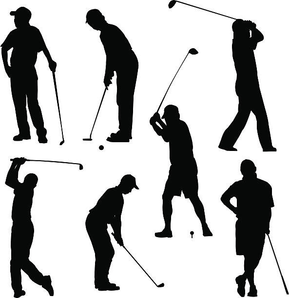 Golfer pose Vector of golf player in silhouettes. golf silhouettes stock illustrations