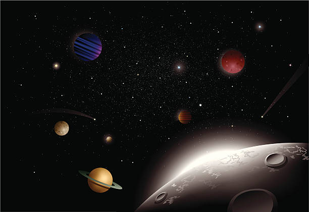 ilustraciones, imágenes clip art, dibujos animados e iconos de stock de universo vista desde la luna - jupiter