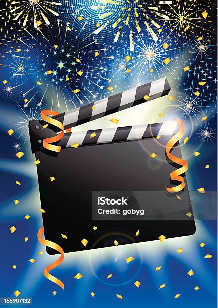 Świętowanie Clapboard Z Streamers Confetti I Pokaz Sztucznych Ogni - Stockowe grafiki wektorowe i więcej obrazów Premiera filmowa