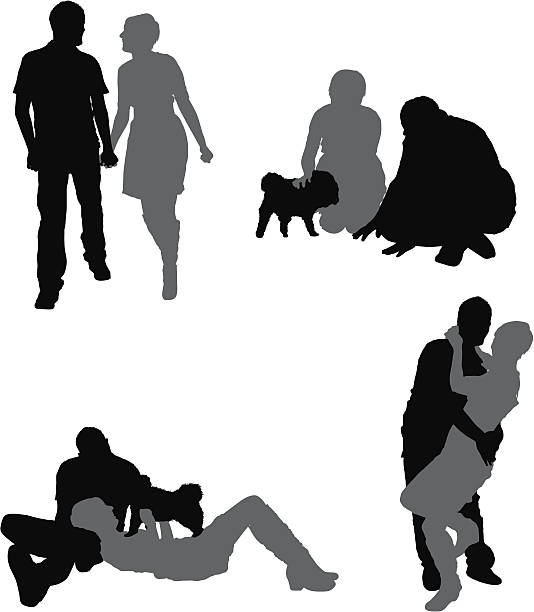 ilustrações, clipart, desenhos animados e ícones de várias imagens de casal com um filhote - couple full length embracing white background