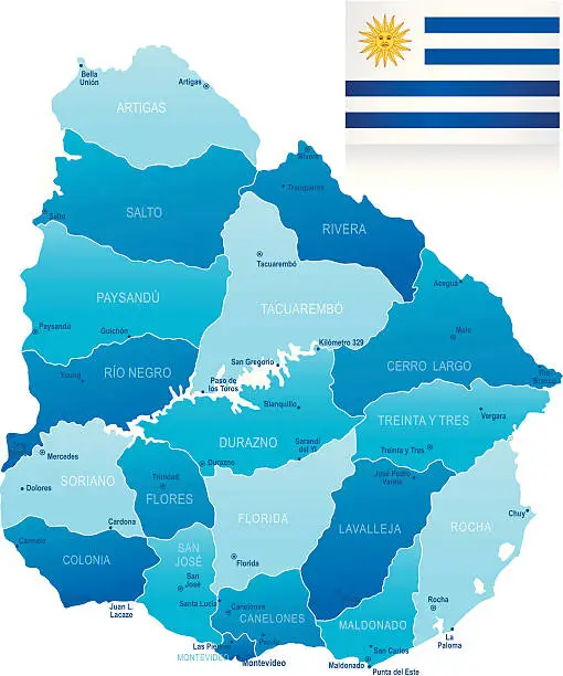 Vector illustration of Map of Uruguay - states, cities and flag