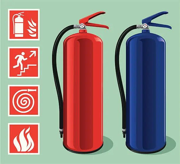 Vector illustration of Red and blue fire extinguishers with safety symbols