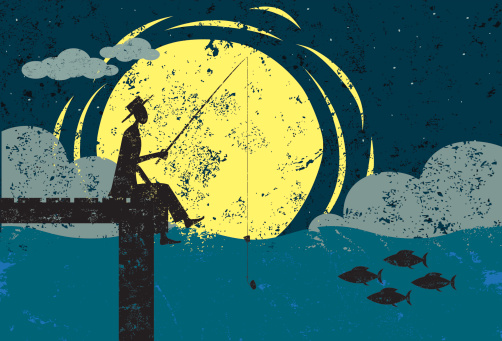 A man fishing on the end of a dock in the moonlight. The man, dock and fish are on a separate layer from the background.