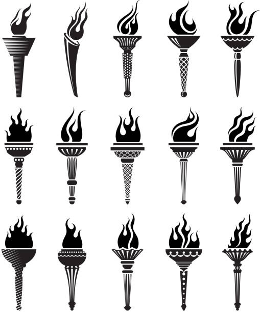 플레이밍 성화, 화재 royalty free 벡터 아이콘 세트 - flaming torch fire flame sport torch stock illustrations