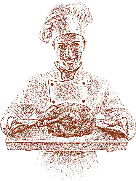 ilustrações, clipart, desenhos animados e ícones de chef serve frango assado - women meat working tray