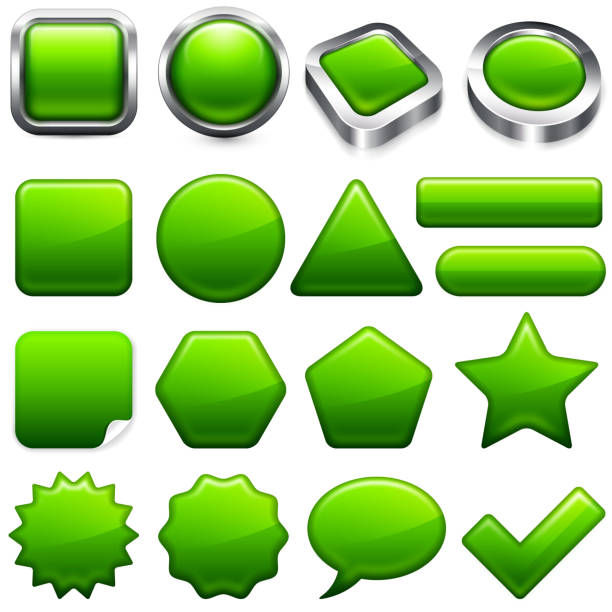 Environmental Conservation Green buttons super set Environmental Conservation Green buttons super set check mark metal three dimensional shape symbol stock illustrations