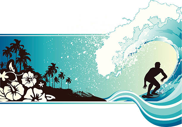 Cartoon depiction of man surfing wave and beach background Vector illustration of a surfer and a huge wave, next to a palm-covered coastline with hibiscus pattern. surfing stock illustrations