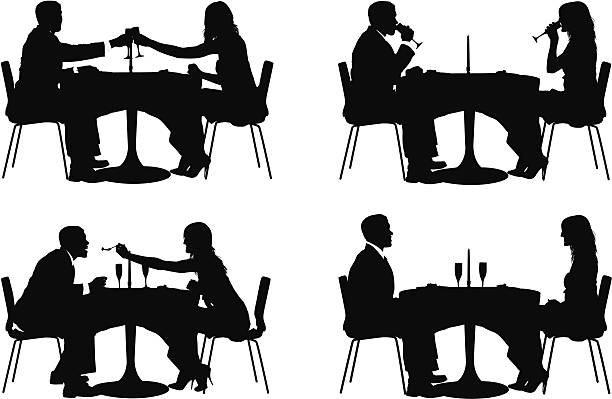 illustrazioni stock, clip art, cartoni animati e icone di tendenza di più immagini di coppia seduta in un ristorante - white background using voice full length high heels