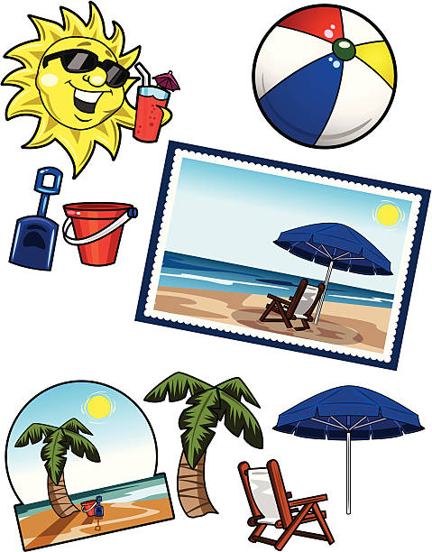 여름 해변 팩 - beach sand drink drink umbrella stock illustrations