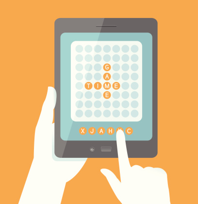 An illustration of a person using their digital tablet for playing games. Font Source: http://tulrich.com/fonts/