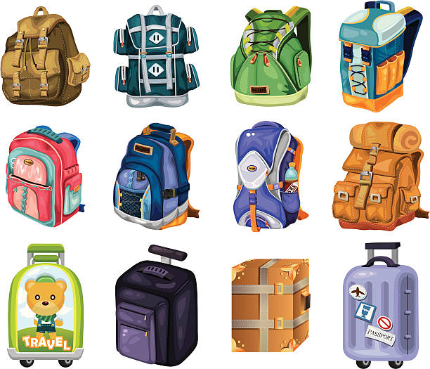 set of travel bag "12 set of travel bag ,vector illustration" backpack illustrations stock illustrations
