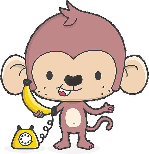 ilustraciones, imágenes clip art, dibujos animados e iconos de stock de banana de teléfono mono/teléfono comunicación - telephone chimpanzee monkey on the phone