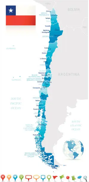 Vector illustration of Map of Chile - states, cities, flag and navigation icons