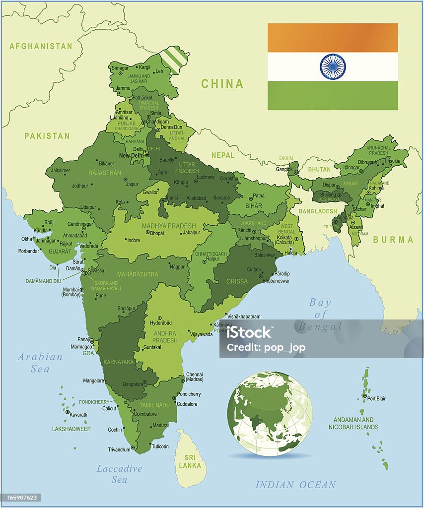 Indien-sehr detaillierte grüne Karte - Lizenzfrei Indien Vektorgrafik