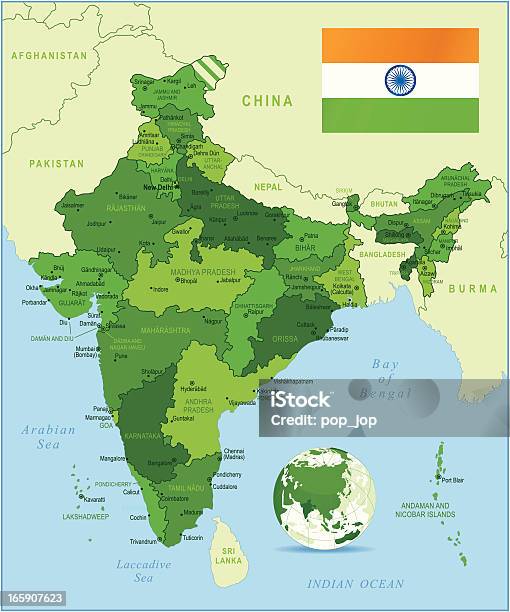 Indiensehr Detaillierte Grüne Karte Stock Vektor Art und mehr Bilder von Indien - Indien, Karte - Navigationsinstrument, Sri Lanka