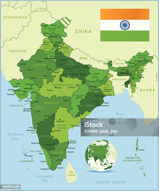 Indiensehr Detaillierte Grüne Karte Stock Vektor Art und mehr Bilder