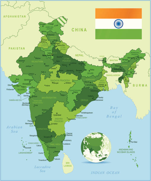 India - highly detailed green map Highly detailed map of India with administrative divisions, cities and flag. bengaluru map stock illustrations