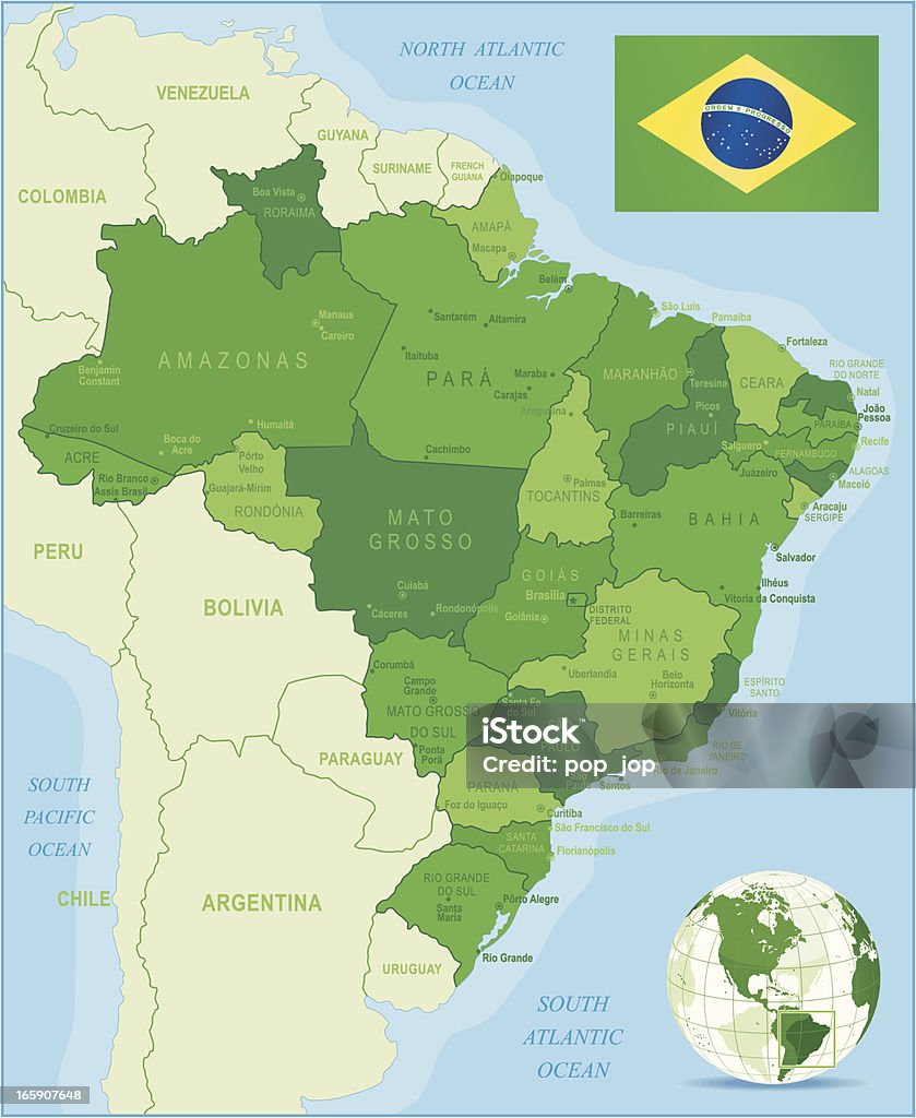 Зеленая карта Бразилии-штатах, городах и флаг - Векторная графика Без людей роялти-фри