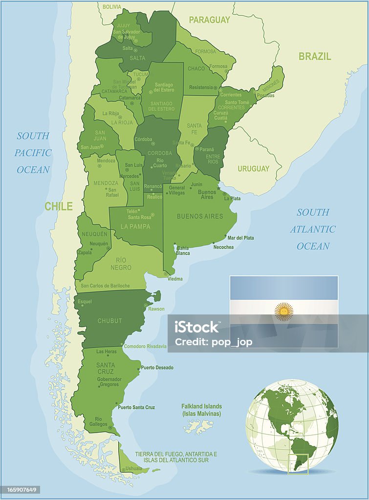 Verde mappa dell'Argentina-membri, città e bandiera - arte vettoriale royalty-free di America del Sud