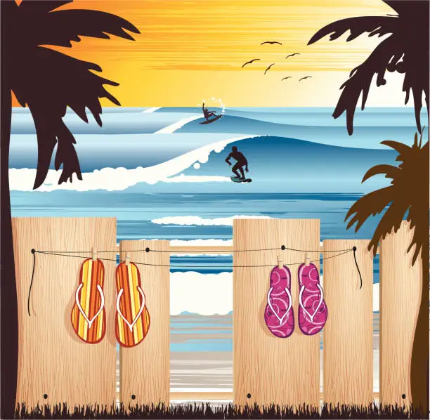 Vector illustration of Beach scene with surfers and big waves