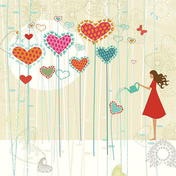 valentine's love garden - sevgililer günü kartı illüstrasyonlar stock illustrations
