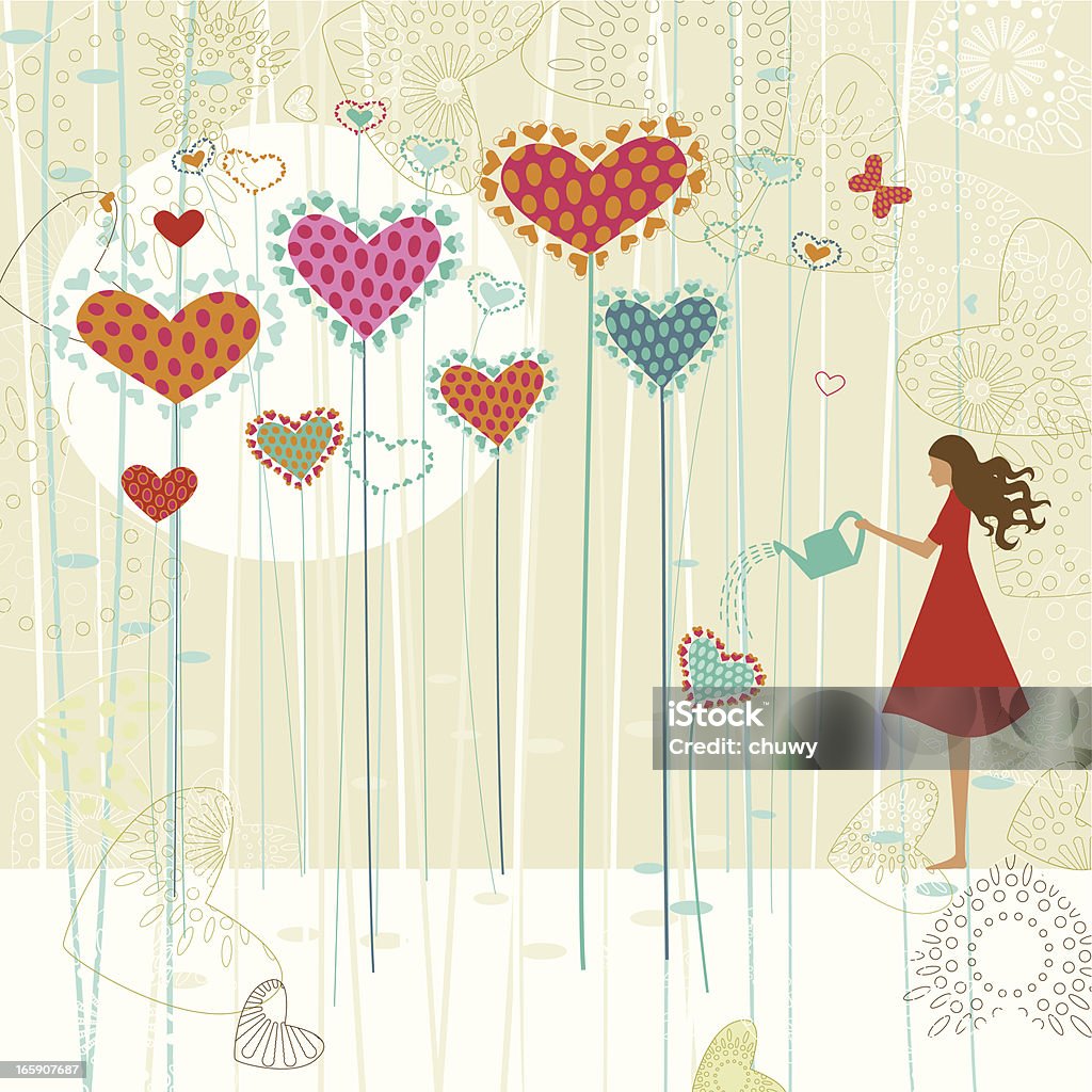 Valentine's love garden Valentine's card with a girl watering the love garden. Heart Shape stock vector