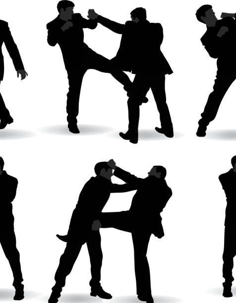 ilustrações, clipart, desenhos animados e ícones de homem lutando silhueta - human groin boxing silhouette hitting