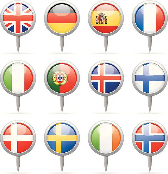 Vector illustration of Round flag pins - Europe