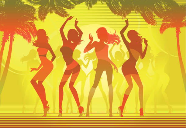 illustrazioni stock, clip art, cartoni animati e icone di tendenza di festa in spiaggia. silhouette tramonto - showgirl