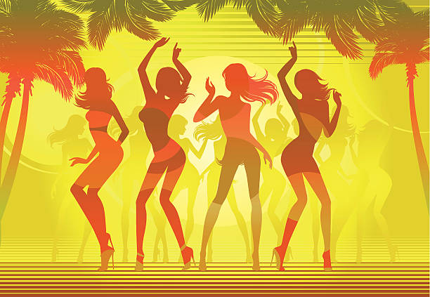 ilustrações de stock, clip art, desenhos animados e ícones de beach party. sunset silhuetas - showgirl