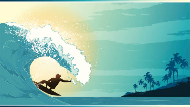 ilustraciones, imágenes clip art, dibujos animados e iconos de stock de paisaje de surf - surfing beach surf wave