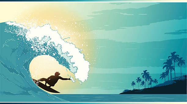 Surfing landscape Surfer riding a big wave next to a palm-covered coastline.   wave water silhouettes stock illustrations