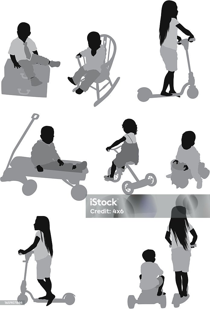 Múltiples imágenes de niños jugando - arte vectorial de Andar en bicicleta libre de derechos