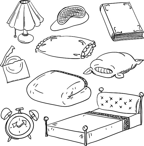Bedroom accessory in black and white Bedroom accessory in sketch style, black and white bedroom drawings stock illustrations
