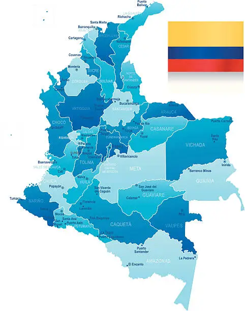 Vector illustration of Map of Colombia - states, cities and flag