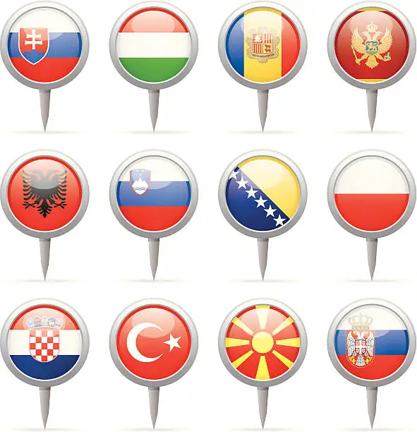 Vector illustration of Round flag pins - Europe
