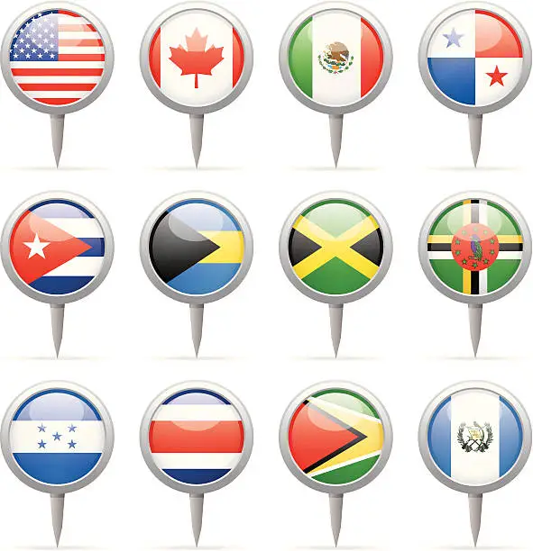 Vector illustration of Round flag pins - North and Central America