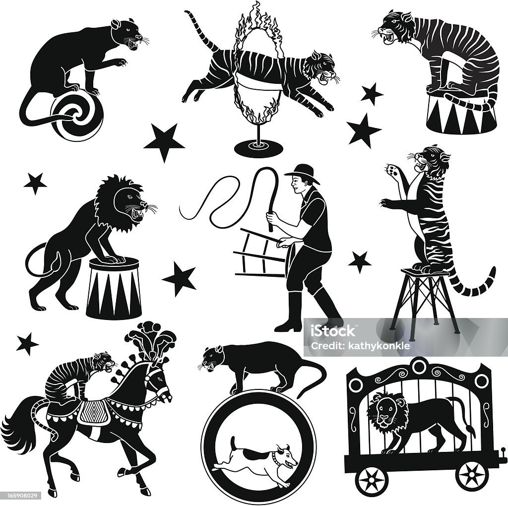 lion tamer act Vector illustrations of a lion tamer's act in black and white. Tiger stock vector