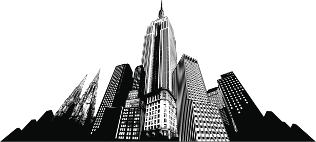 New York City skyline. Detailed Empire State Building, St Patrick Cathedral and other high buildings.