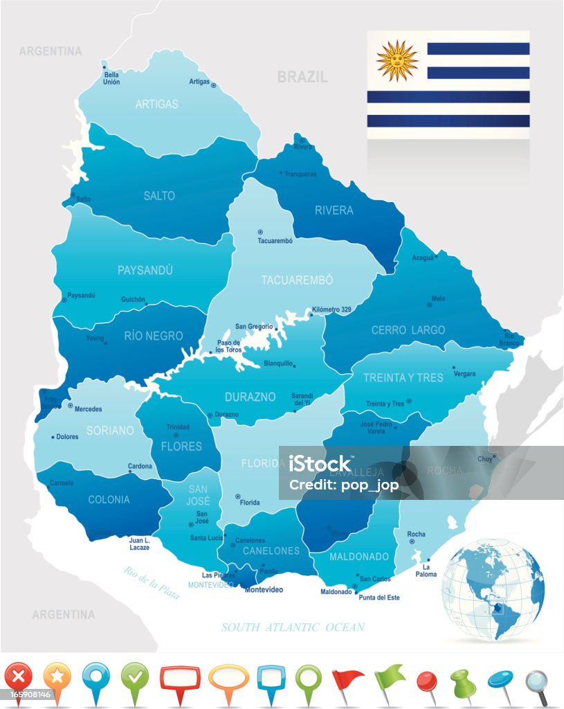 Karte von Uruguay-Staaten, Städte, Flagge und navigation Symbole - Lizenzfrei Auseinander Vektorgrafik