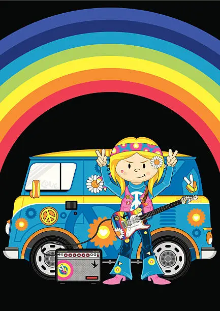 Vector illustration of Hippie Girl & Camper Van