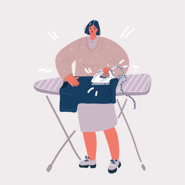 Vector illustration of Vector illustration of Young man ironing clothes. Ironing and folding clothes routine, Womanwith clothes on an ironing board. Housekeeping theme.