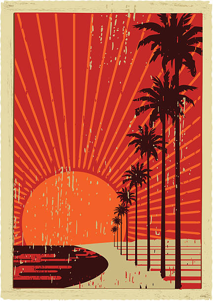 california vintage surfing old postcard with classic californian palms trees. plain colors california illustrations stock illustrations